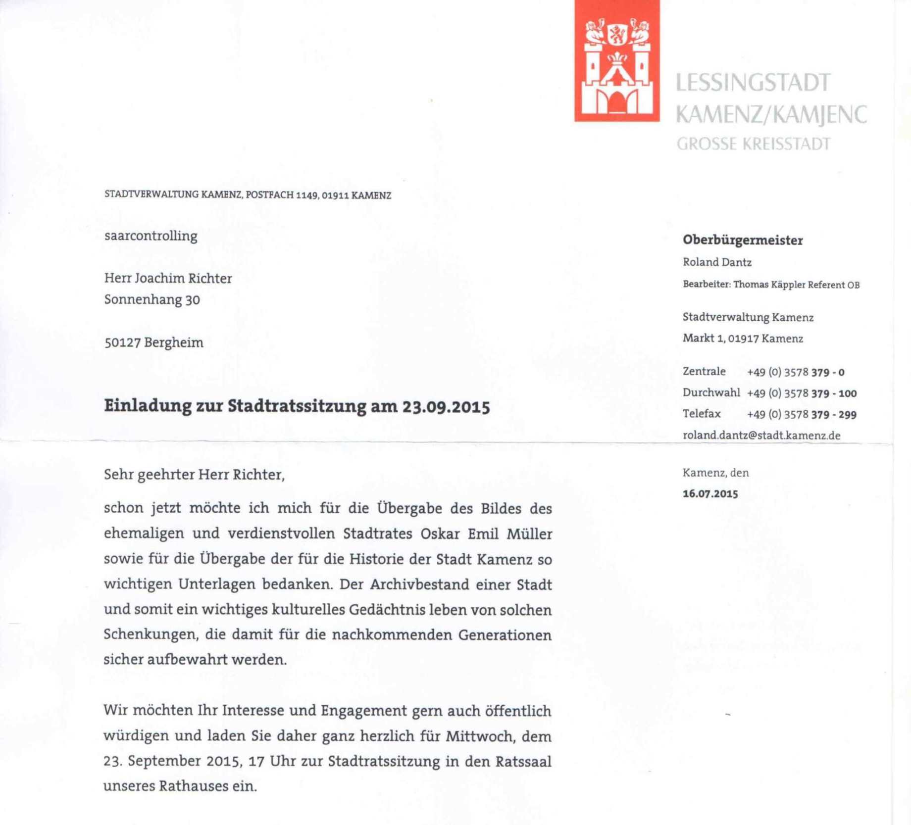 Einladung des Oberbürgermeisters Dantz anlässlich der Portaitübergabe "Emil Oskar Müllers" durch Joachim Richter und Detlef Lippert