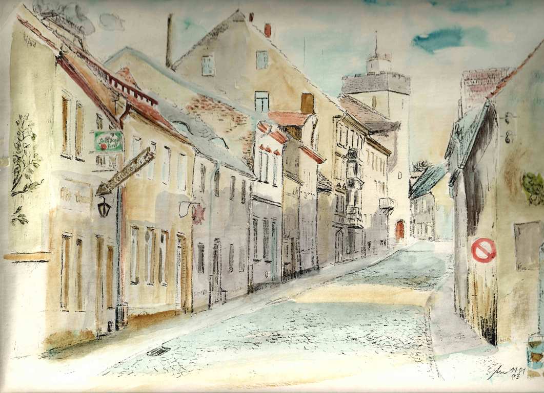Familienchronik Richter-Müller: Aquarell von Dr. Fedor Scheffler, Pulsnitzer Straße in Kamenz, Sachsen.